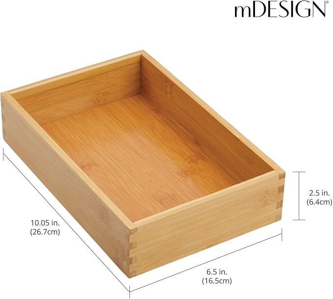 mDesign Bamboo Kitchen Cabinet Drawer Organizer Tray Bin - Eco-Friendly, Multipurpose - Use in Drawers, on Countertops, Shelves or in Pantry - 6.9 x 10.4-2 Pack - Natural Wood Finish