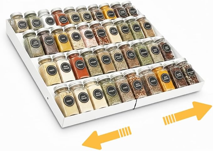 GOENDR Metal Spice Drawer Organizer, 4 Tier Spice Rack for Drawer, Expandable Seasoning Organizer For 11.4-22.8” Wide Drawer, Holds up to 48 Spice Jars (Not Included), White