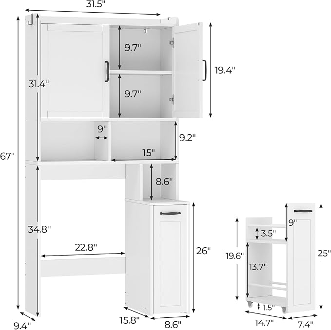 UPOSOJA Over The Toilet Storage Cabinet with Pulley Bathroom Storage Cabinet, White-Type B