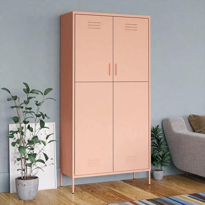 70.9" Tall Metal Wardrobe Cabinet, Steel Clothing Cabinet Storage Cabinets with 2 Doors, 4 Adjustable Shelves and Hanging Rod for Living Room, Bathroom, Office, Garage 35.4"x19.7"x70.9" Pink -AA