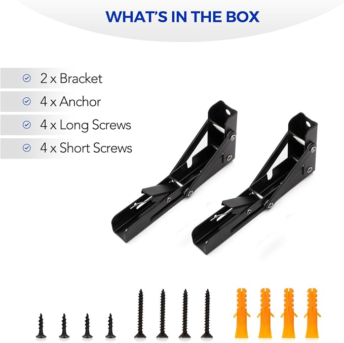 Ravinte Matte Black Folding Shelf Brackets, 6 Inch, 4 Pack | Collapsible Bracket Design, Table And Bench Support, Space-Saving Shelf Setup, For Worktops, Laundry Rooms, Garage Projects