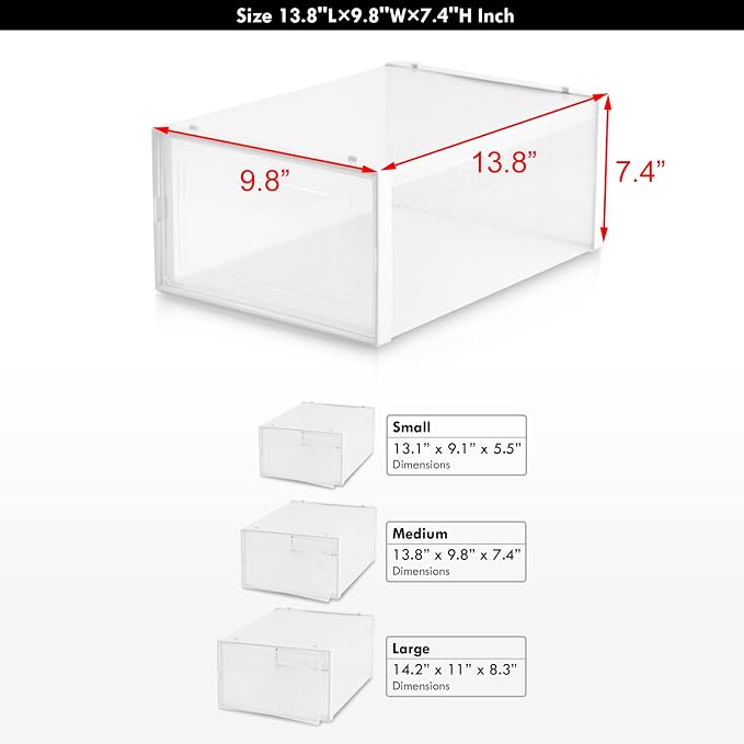 Clear Storage Bins, 6 Pack Stackable Plastic Shoe Boxes with Lids, Ideal for Closet Organization & Display (Medium)