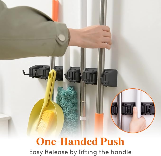 Lifewit Mop and Broom Holder Wall Mount, Anti-Slip Broom Hanger for Cleaning Supplies Organizer, Easy Install Tool Hanging Rack for Closet, Kitchen, Garage, 5 Slot 6 Hooks, Hold 30lbs, Black, 2 Pack