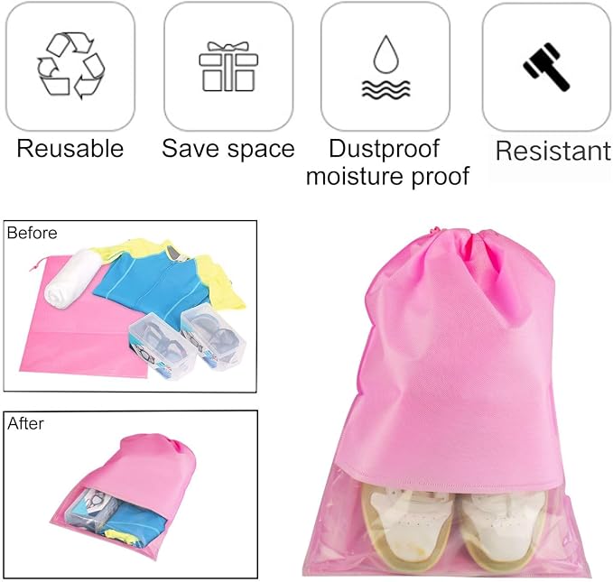 6 Pcs Travel Shoe Bags, ULIFEMALL Large Non-Woven Drawstring Shoes Storage Bag with Transparent Slot Clear Window Portable Waterproof Dustproof Shoes Pouch Packing Organizer for Men Women, Pink