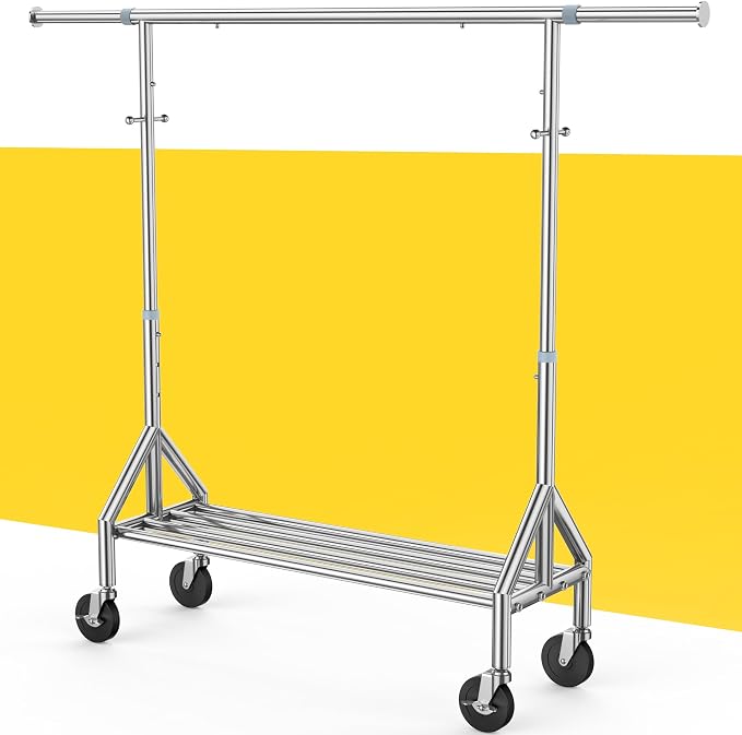 Clothes Rack on Wheels, Heavy Duty, Stainless Steel, Commercial, Portable