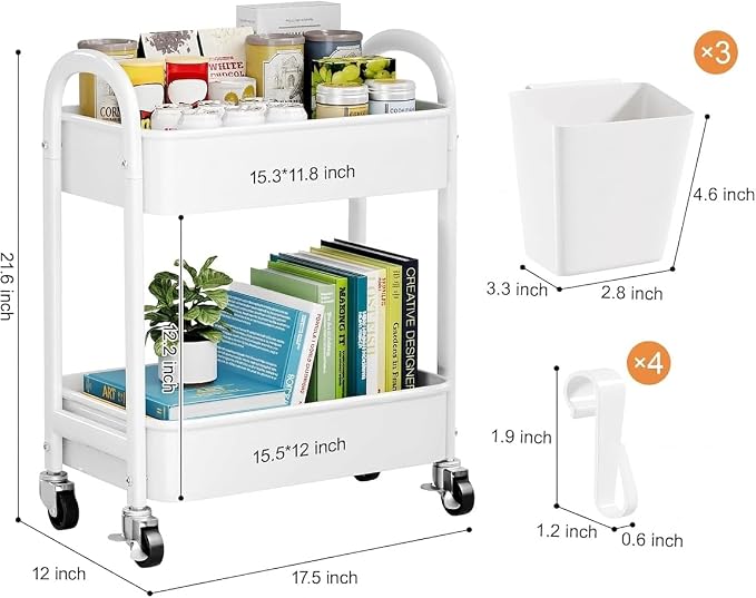 2 Tier Rolling Cart Metal with Wheels, White Under Desk Storage Roller Caddy on Wheels, Two Tiered Short Shelf Trolley, Small Utility Organizer Carts for Dorm, Bathroom, Craft, Art, Baby, Pantry,Snack