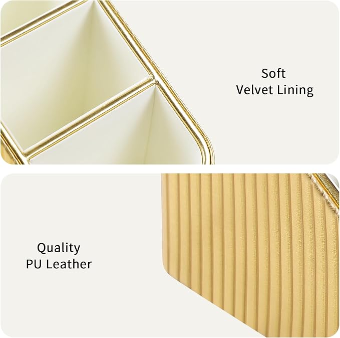 Remote Control Holder, PU Leather Nightstand Organizer, Gold | 3-compartment Remote Bedside Caddy, Soft Velvet Lining, Small Desk Organizer for Remote/Pen/Glasses/Phone