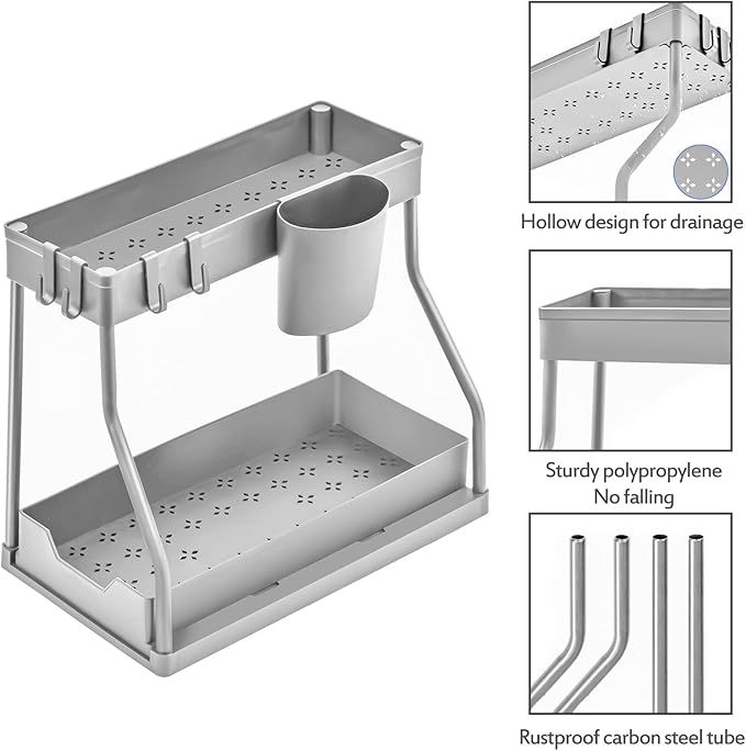Puricon 2 Pack Under Sink Organizer, 2-Tier L-Shape Sliding Under Sink Organizers and Storage, Under Counter Storage Organizer Pull Out Under Sink Storage for Kitchen Bathroom -Grey