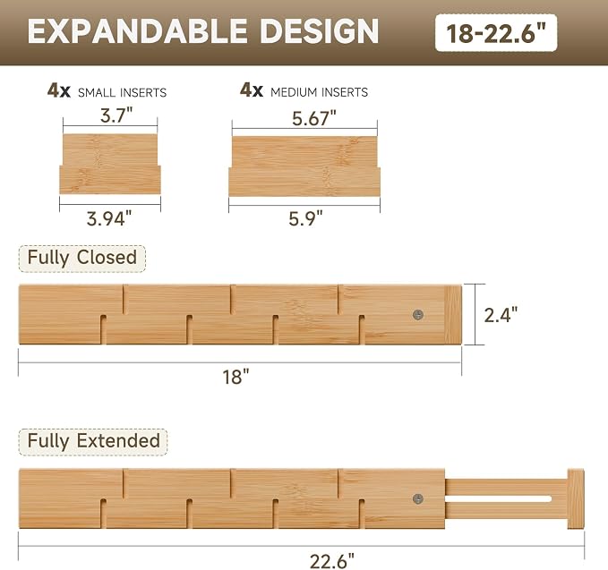 Bamboo Drawer Dividers, Expandable Kitchen Drawer Organizer | Include 4 Dividers, 4 Small Inserts and 4 Medium Inserts for Home, Office, Dressers