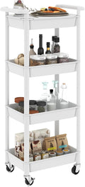 STEEHOOM 4 Tier Rolling Cart with Handle, Utility Cart with Table Top Easy Assembly Bathroom Storage Cart on Wheels for Office, Living Room, Kitchen, Craft Room, White