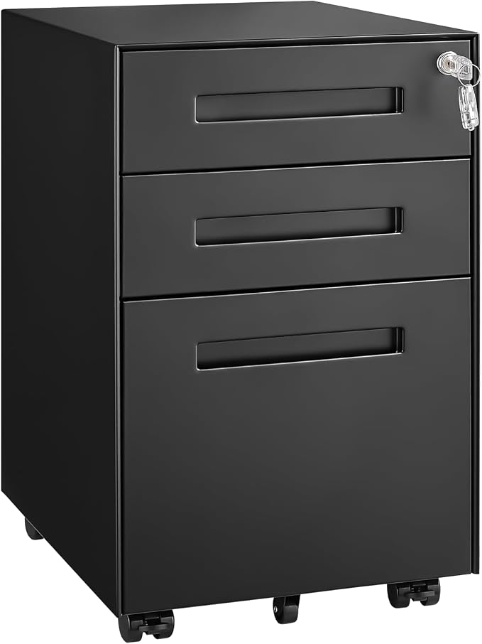 Approgreent Fully Assembled Home Office Filing Cabinet with Lock | Mobile File Cabinet with Anti-tipping Wheels, Fits A4, Letter & Legal Size Files & Folders, Matte Black