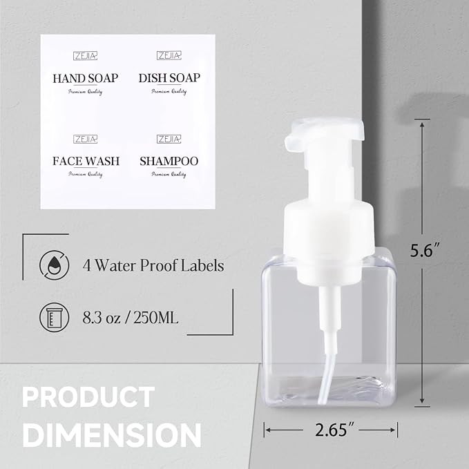 250ML Foaming Soap Dispenser, 2-Pack Plastic Hand Soap Dispenser, Refillable Leakproof Foam Pump Bottle with Waterproof Labels, for Shampoo, Body Wash