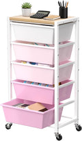 Rolling Cart with 5 Drawers, Plastic Drawer Storage Carts with Wheels & Wooden Tabletop, Metal Utility Cart for Office Bedroom Living Room Classroom, Craft Organization and Storage, Pink
