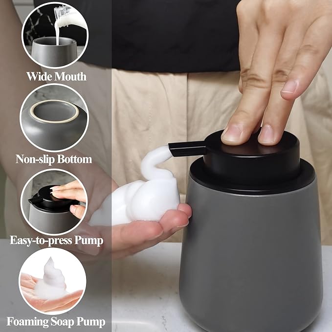 Bosilunlife 12Oz Ceramic Foam Soap Dispenser for Bathroom Kitchen Counter | Premium countertop foam pump creates delicate dense foam, stable desktop placement, Matte Grey