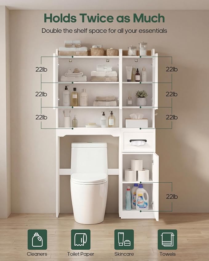 7-Tier Over Toilet Storage Cabinet, 2-in-1, Separable Bathroom Storage | Over-Toilet and Tall Narrow Cabinet, with Doors, Adjustable Shelf, Big/Small Room, Laundry, Tissue Holder, Anti-Tip, White
