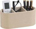 PU Leather Remote Control Holder, Modern Oval Pen Holder for Desk, 3-Compartment Desk Caddy for Remotes, Glasses, Pens, Small Desk Organizer for Nightstand, Coffee Table, Office (Beige)