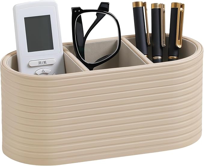 PU Leather Remote Control Holder, Modern Oval Pen Holder for Desk, 3-Compartment Desk Caddy for Remotes, Glasses, Pens, Small Desk Organizer for Nightstand, Coffee Table, Office (Beige)