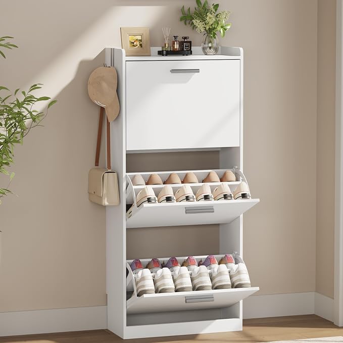 Shoe Cabinet Organizer with 2 Flip Drawers，Freestanding Shoe Rack Cabinet，Narrow Shoe Cabinet Storage for entryway，Foyer, Hallway, White UM2SC423W