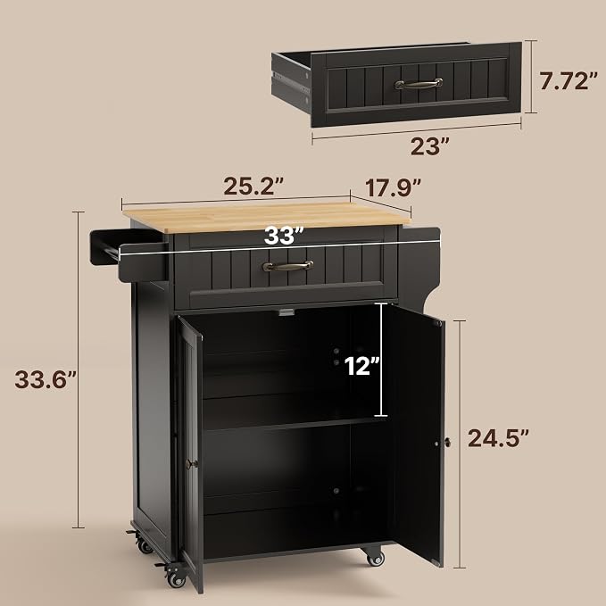 Gizoon 33" W Kitchen Island Cart with Rubberwood Top | Rolling Cart on Wheels with Adjustable Shelf, Drawer, Spice Rack, Towel Bar, Mobile Storage Cabinet for Dining Room, Black