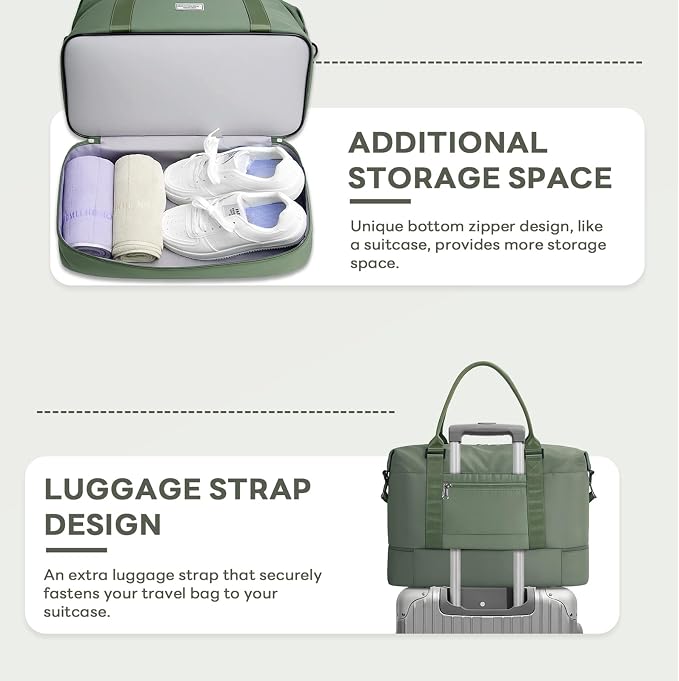 TANTOMI Travel Duffle Bag for Women Personal Item Travel Bag with Shoes Compartment, Weekender Overnight Bag Carry On Duffle Bag Tote Gym Bag for Travel, Sports, Hospital, Dance, Green
