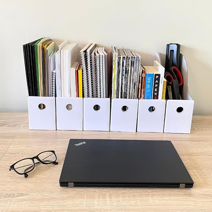 Evelots Magazine File Holder - Set of 12 White - Office Desk Organizer - Sturdy Cardboard - New Upgraded Double Front Panel for More Stability - Full 4 Inch Wide - Easy Assemble