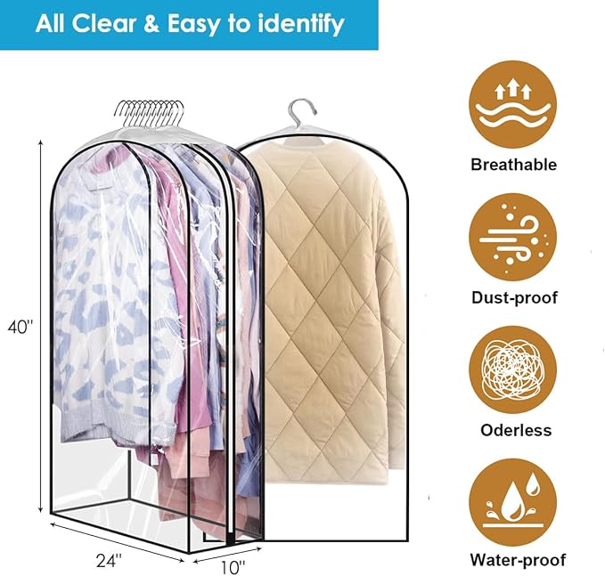 40" Clear Garment Bags for Hanging Clothes, Garment Bags for Storage with Smooth Side Zipper 10" Gusseted Waterproof Garment Bag for Shirts, Coats, Dresses, Suits,4 Pack