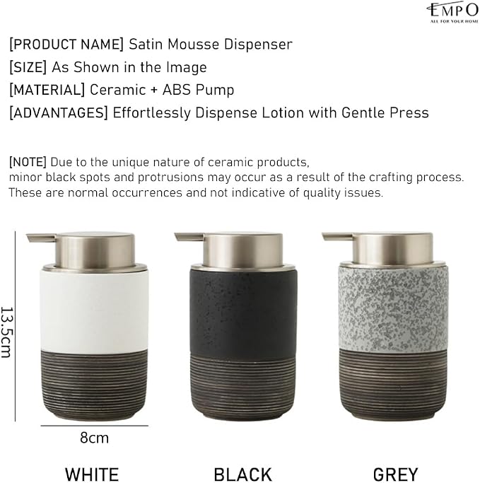 EMPO Ceramic Embossed Press Foam Hand Soap Dispenser - 300ml Large Capacity Facial Cleansing Bottle and Liquid Soap Dispenser for Kitchen Bathroom with Mousse Lotion Pump (Black)