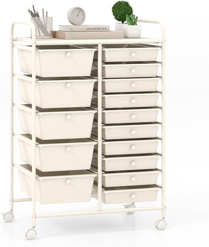 Giantex 15 Drawers Rolling Cart, Classroom Organizers, Storage Cart with Wheels, for Teacher Office Home School Supplies Tool Craft Art Paper
