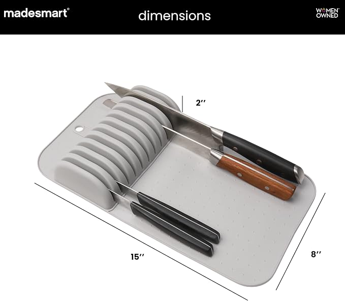 madesmart Large Knife Mat, Soft-Grip Knife Organizer for 11 Knives, Non-Slip Drawer Insert Protects Blades and Maximizes Kitchen Drawer Space, Grey