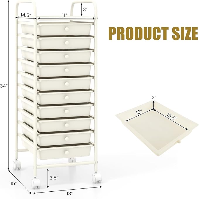 DREAMADE Rolling Cart with Storage Drawers, Utility Cart w/Removable Plastic Drawers, Lockable Wheels, Art Cart for Classroom Organization Art Supplies Office Scrapbook (10 Drawers, White)