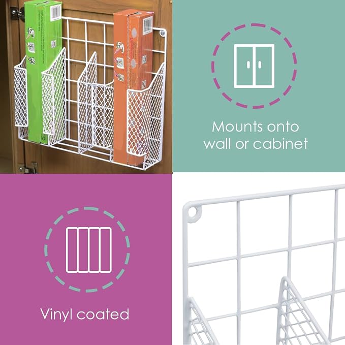 Home Basics Organizer Rust Resistant, Perfect for Food Storage, Silver Foil, Wax Paper, Sandwich Bags, Plastic Wrap-Mounts,White