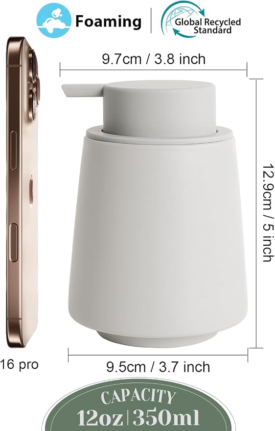 INGOFIN Ceramic Foaming Soap Dispenser -14 oz Foam Hand Soap Dispenser Bathroom, Modern Refillable Dish Wash Bottle for Kitchen with Large Pump, Matte Grey