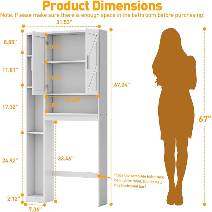 Over The Toilet Storage Cabinet with 7 Storage Shelves, Above Toilet Bathroom Organizer with Toilet Paper Holder Stand, Behind Toilet Cabinet, Space Saver for Restroom, Bathroom, Laundry, White