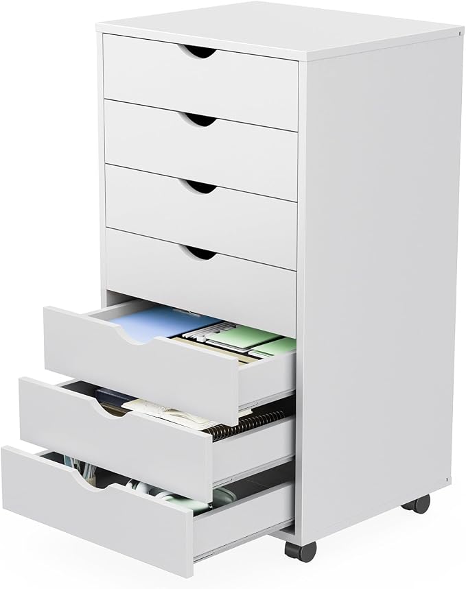 Sweetcrispy 7 Drawer Rolling Storage Cabinet, Wood Under Desk Mobile Dresser with Wheels, Small Organizer Chest for Home Office, Bedroom, Rolling Vertical Organizer for Home Office, White