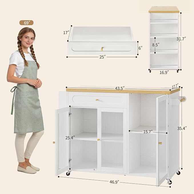 Kitchen Island with Power Outlet - Kitchen Cart on Wheels with Storage Cabinets & Drawers, Rolling Island Table with Spice & Towel Rack, Portable Islands with Large Wood Counter, Dinning Room