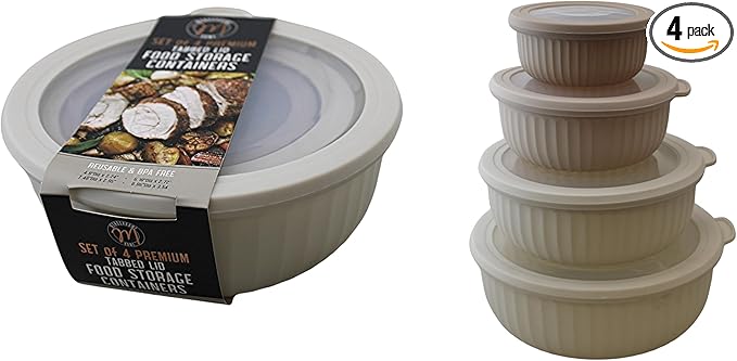 Set of 4 BPA-Free Round Food Storage Containers Vented Lids Assorted Sizes, Microwave & Freezer Safe Nesting Design for Leftovers Meal Prep Fridge Organization Dry Grains (Ivory)