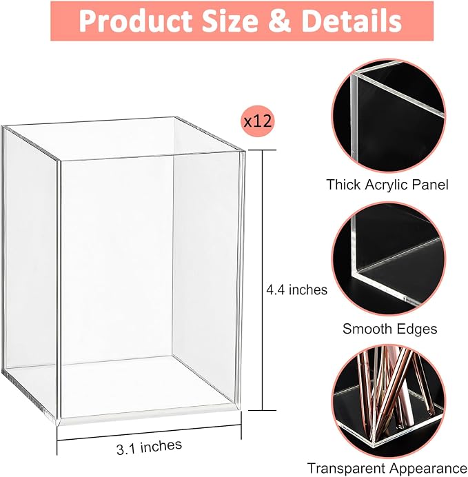 Mototo 12PCS Clear Acrylic Pen Holder Pencil Cup Office Desk Organizer Case | Toothbrush Utensil Holder Marker Makeup Brush Organizer Pencil Box Coffee Stirrers Storage Container for Classroom Counter