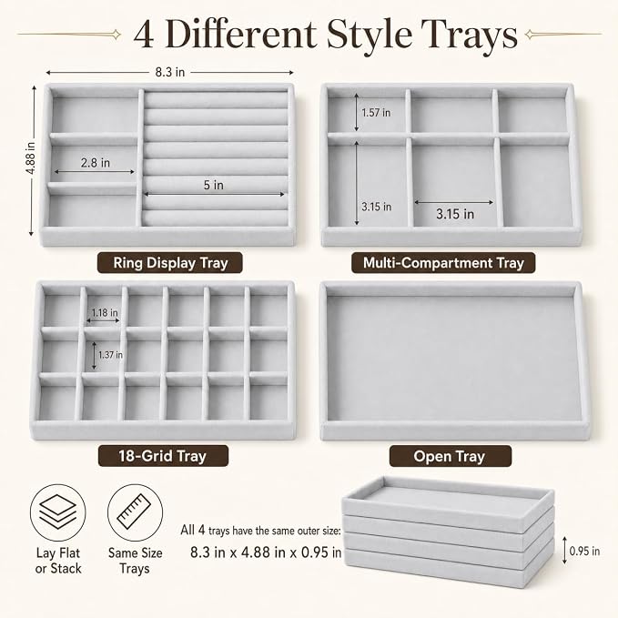4 Pack Stackable Jewelry Organizer Tray Set - Velvet Display Case | for Rings Earrings Necklaces, for Drawer Organization, Can Stacked