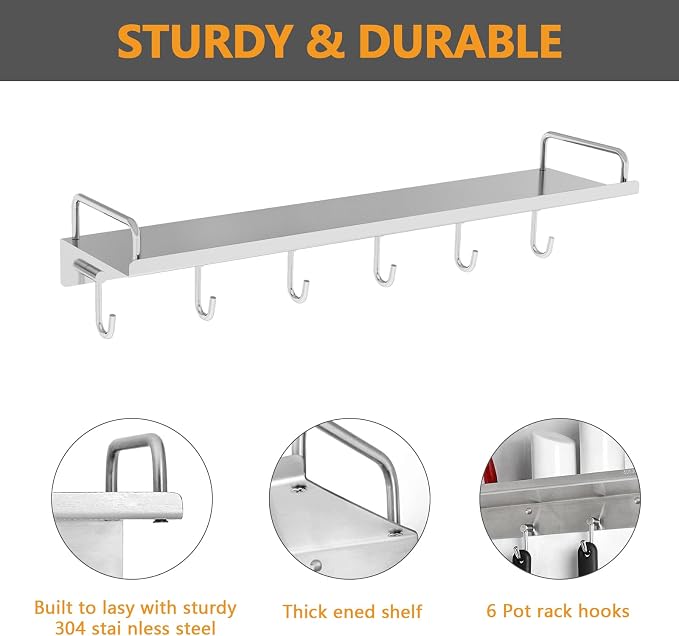 Audmore Kitchen Utensil Rack, 19.7 In Spice Rack with 6 Hooks Wall Mounted | Stainless Steel Over the Stove Shelf, Hanging Storage Wall Shelf for Spatula Spoon, Seasoning Jar Organizer, Rust Resistant