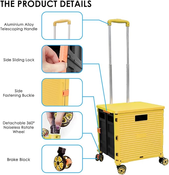 SELORSS Foldable Utility Cart Portable Collapsible Crate Rolling Carts with Wheels Rolling Tote Basket Teacher Cart with Lid Wear-Resistant 360°Rotate Wheel Noiseless for Shopping Storage Office Use