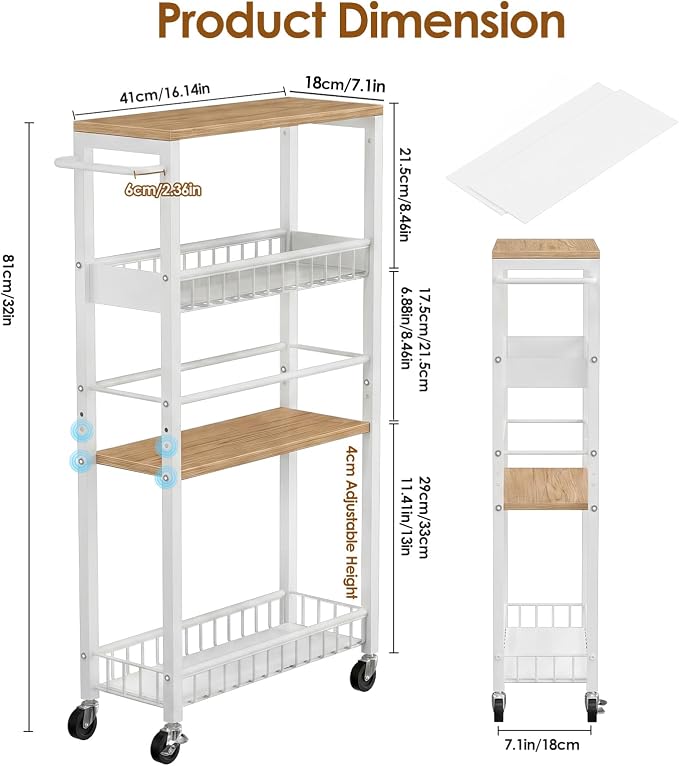 Slim Rolling Storage Cart, 4 Tier Narrow Storage Cart, 7.1in(W) | Metal Kitchen Rolling Cart for Small Spaces, Narrow Shelf for Kitchen, Laundry Room, Bathroom, Living Room