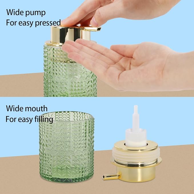 Foaming Soap Dispenser, 10 Oz Glass Foam Hand Soap Dispenser with Gold Pump, Refillable Bathroom Lotion Container Pump Bottle with Vintage Pattern, Green