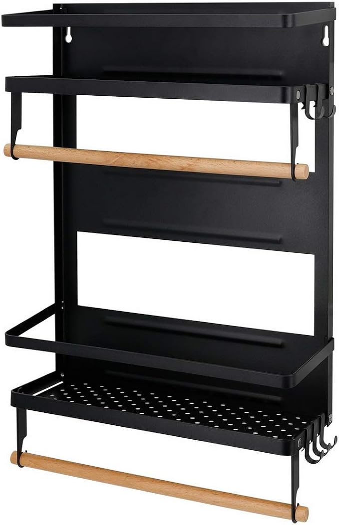 Jolitac Magnetic Fridge Spice Rack- Space Saving Organizer Black Shelf on Refrigerator, Kitchen Paper Towel Holder, Foldable Design (Black-Large)