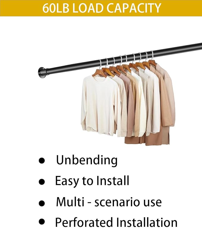 Closet Rods for Hanging Clothes,17 to 84'' Stepless Adjustable Black Closet Rod,1 Inches Heavy Duty Metal Clothes Hanging Rod for Closet Wardrobes Laundry RV