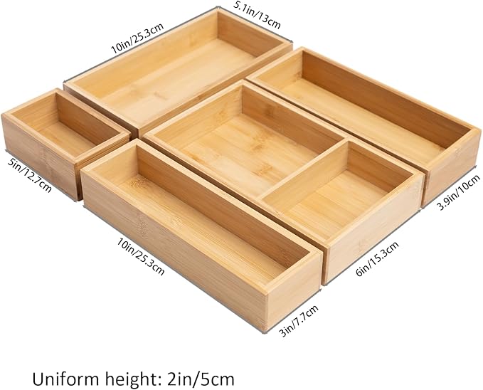 Bamboo Drawer Organizer Set, 5 Piece | Modular Wooden Storage Trays, Kitchen, Bathroom, Vanity Office Desk, Decluttering Solution, Makeup, Jewelry Office Supplies