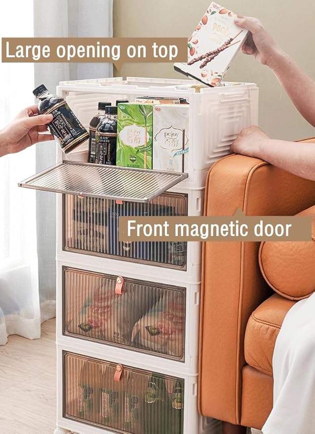 Foldable Storage Bins Boxes with Lid Wheels and Magnetic Door, Collapsible Stackable ABS Organizer for Kitchen Cloakroom Closet Living Room & Office(5 Tier)