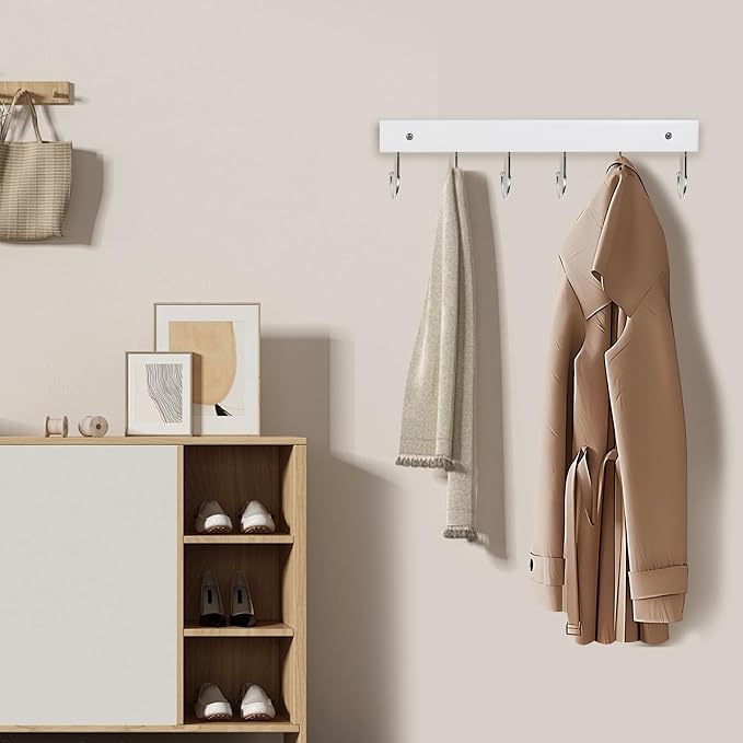 2 Pack Coat Rack Wall Mount with 12 Rotating 180° Coat Hooks, 14.6" Rustproof Wooden Entryway Organizer, Wall Hooks for Hanging Coats, Purse, Hats, Jackets, Towels, Space Saving Hanger (White)