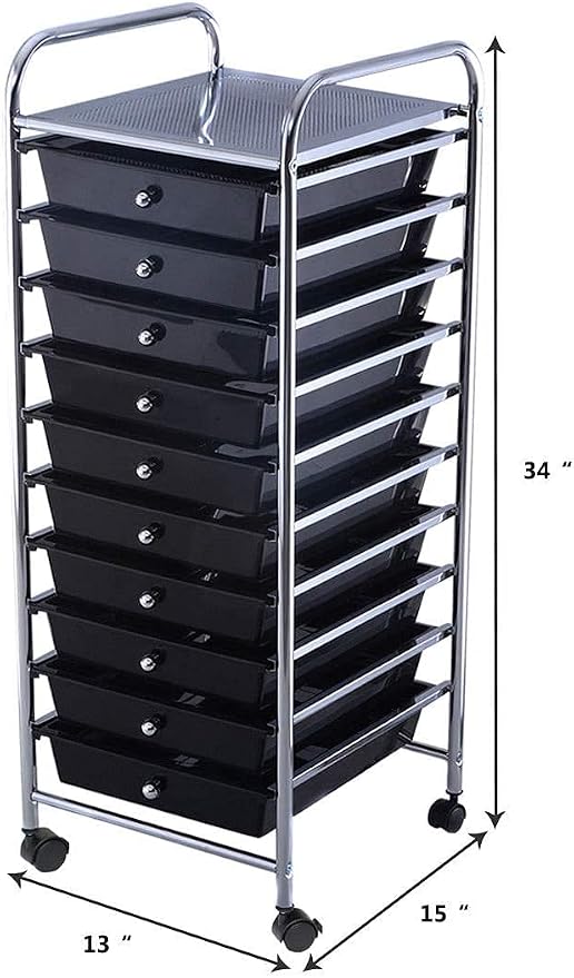GOFLAME 10-Drawer Rolling Storage Drawer Cart, Utility Cart with Removable Drawers & Metal Frame, Mobile Art Craft Drawer Cart with Lockable Wheels for Home, Office, Studio, School, Black