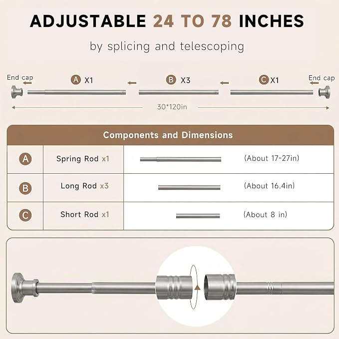 BRIOFOX Brushed Nickel Tension Curtain Rod 24 to 78 Inch(2-6.5ft) - Stainless Steel Spring Tension Shower Curtain Rod, No Drilling Tension Rod for Curtains or Windows