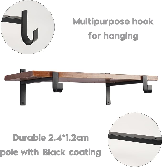 AddGrace Closet Rod Bracket Heavy Duty Shelf Brackets Black 6 Inch 2 Pack | Fit for Closet Wardrobe Laundry Room and Kitchen, with Hook, Store Above and Hang Below, Supports 66 lbs, Easy to Install